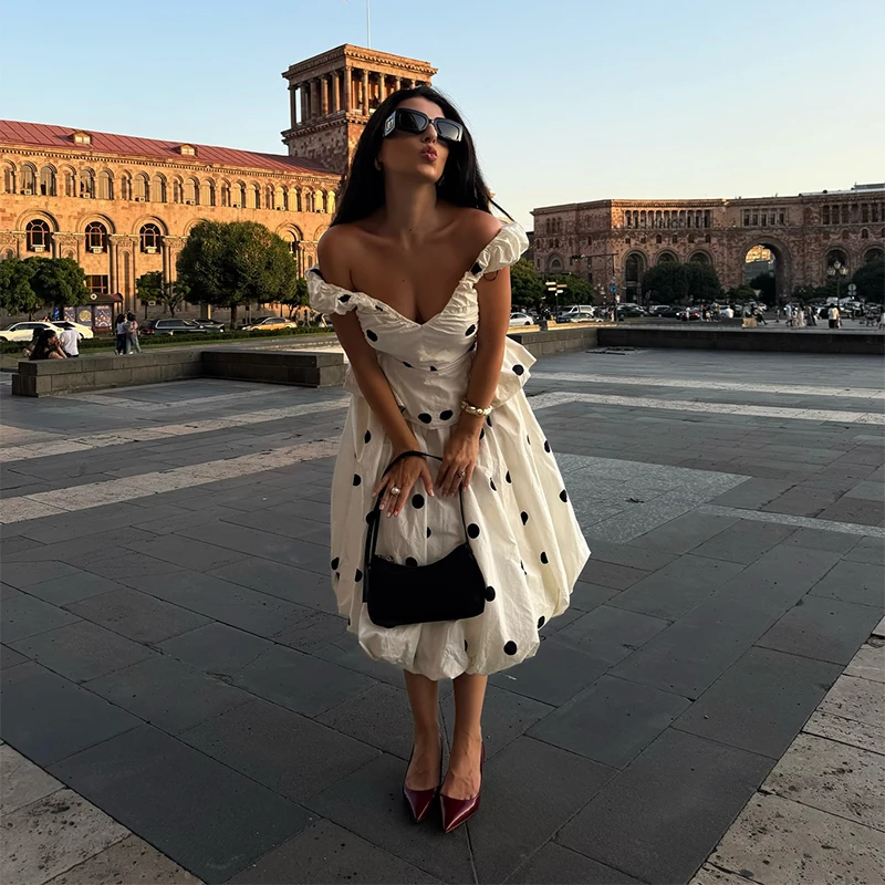 Chic Retro Polka Dot Midi Dress Romantic Feminine Elegant Cute Women Summer Casual Vintage Stylish Trendy Streetwear