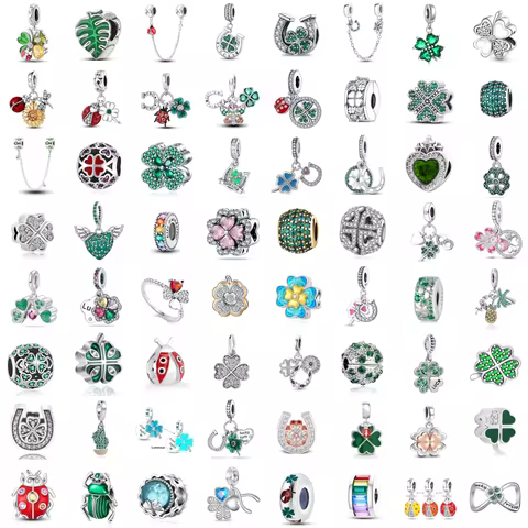 925 Silver Hot Lucky Green Beads four-leaf Clover Charms Ring Fit Original Bracelet Accessories DIY Jewelry ladybug Pendant Gift