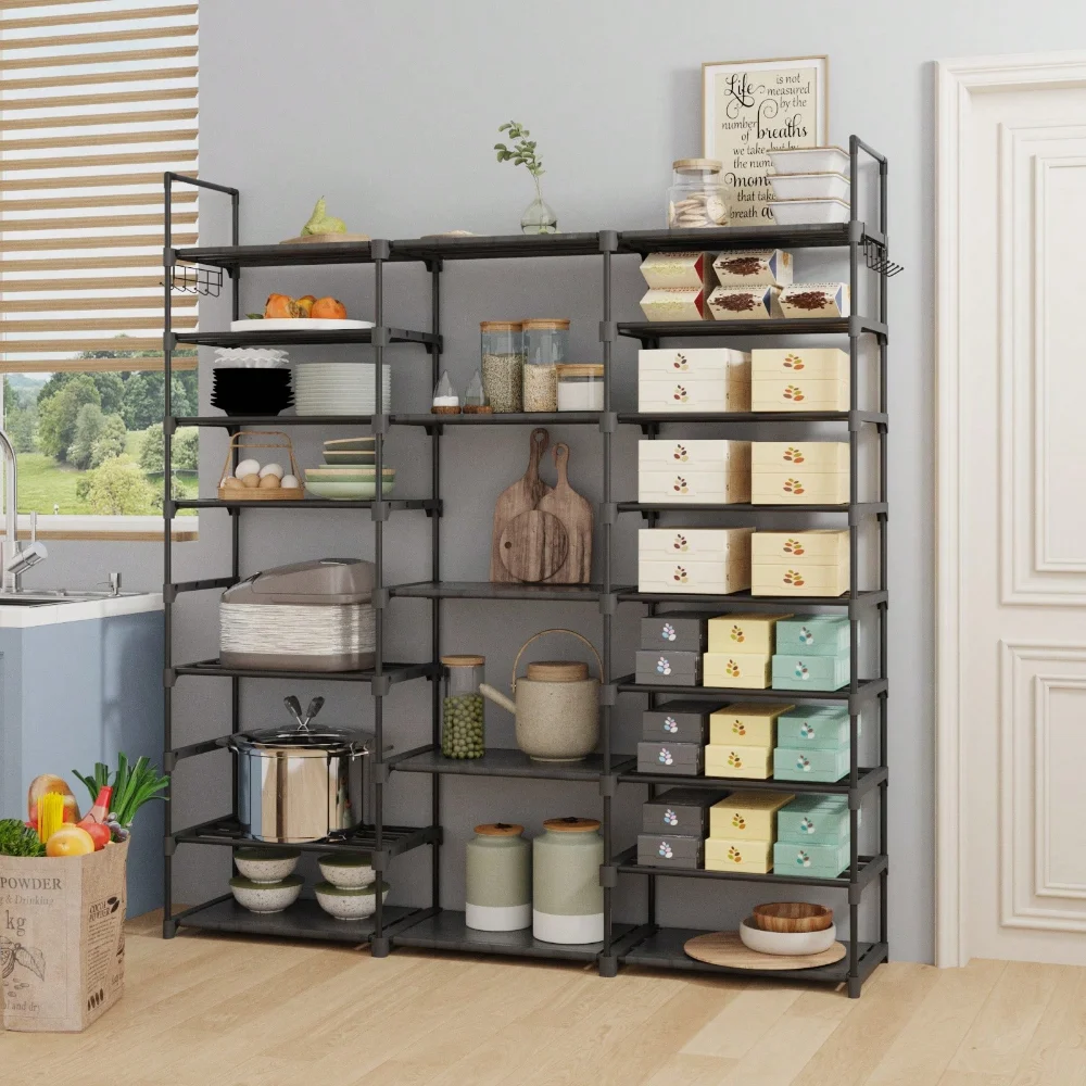 

9-Tier Slim Metal Kitchen Storage Rack, Tall Space-Saving Pantry Organizer Shelf With Hooks For Utensils, Spice Jar Cabinet