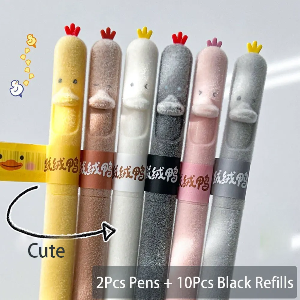 

12 PCS Cute Duck Style Ballpoint Pens and Black Refills, 0.5mm Black Ink Gel Pens,Creative Design Fun Animal Quick-Dry Pens