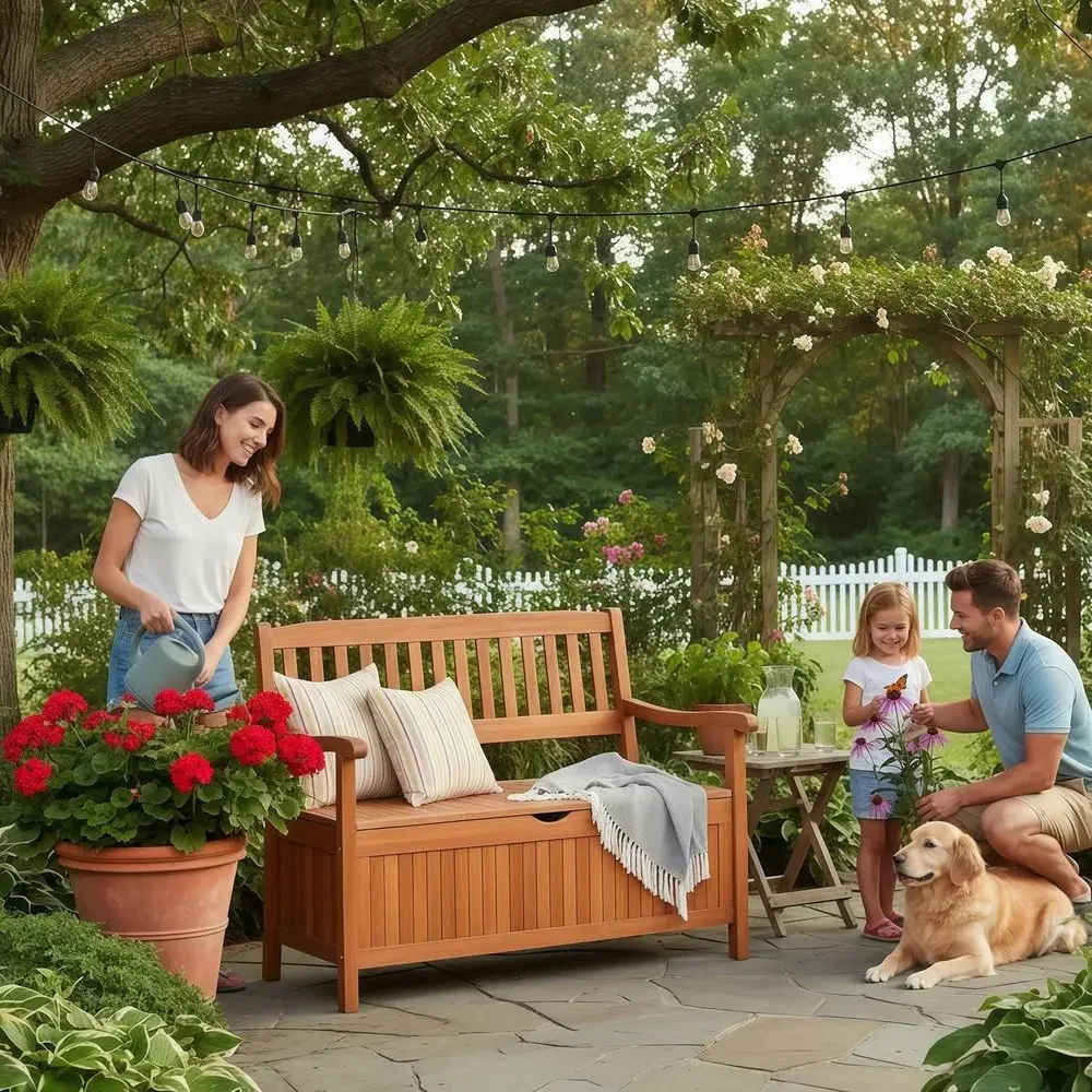 Outdoor Wood Storage Bench with Removable Lining and Portable Handles for Deck, Entryway, Porch, Garden, Lawn, Balcony, and Yard