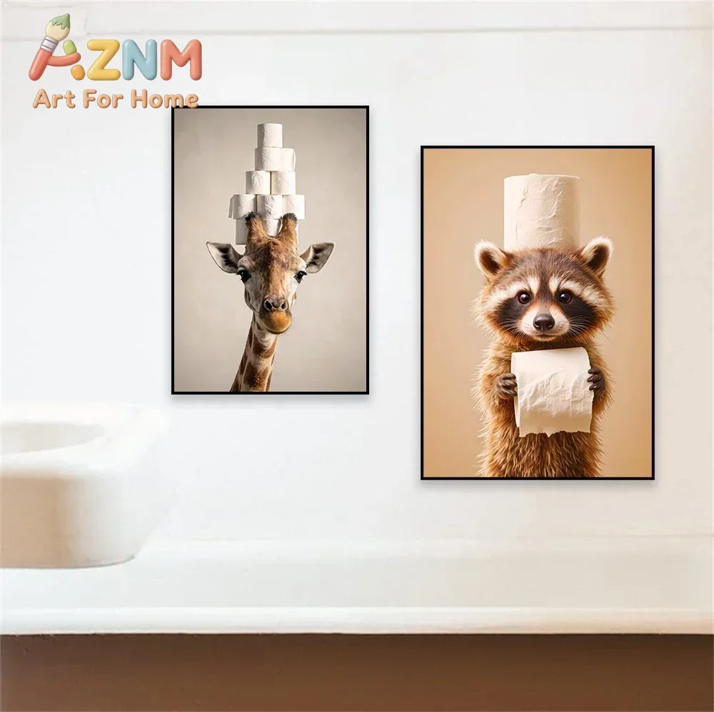 Canvas Painting Funny Bathroom Giraffe With Toilet Paper Roll On Head Print Vintage Animal Goat Humor Decoration Wall Decor