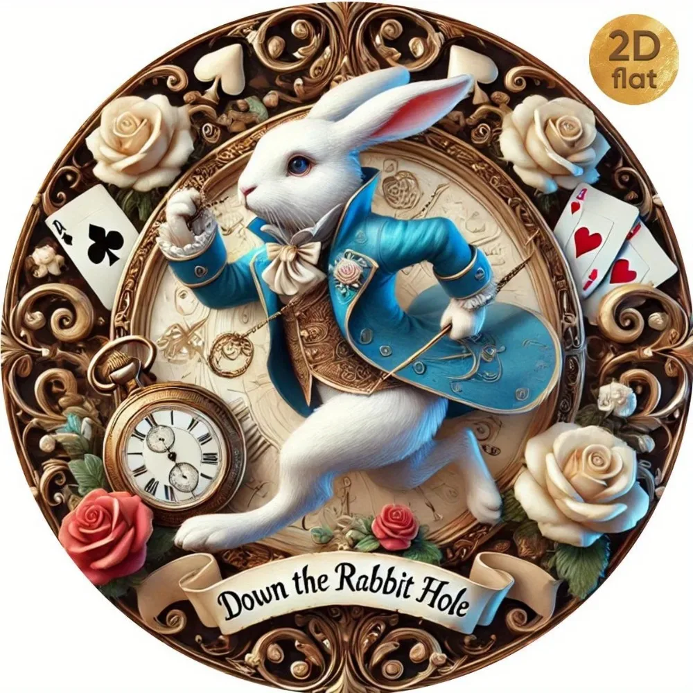 2026 2D Flat Vintage Alice In Wonderland Wooden Sign, Rustic White Rabbit Wooden Round Plaque, Down The Rabbit Hole Decor, Fa