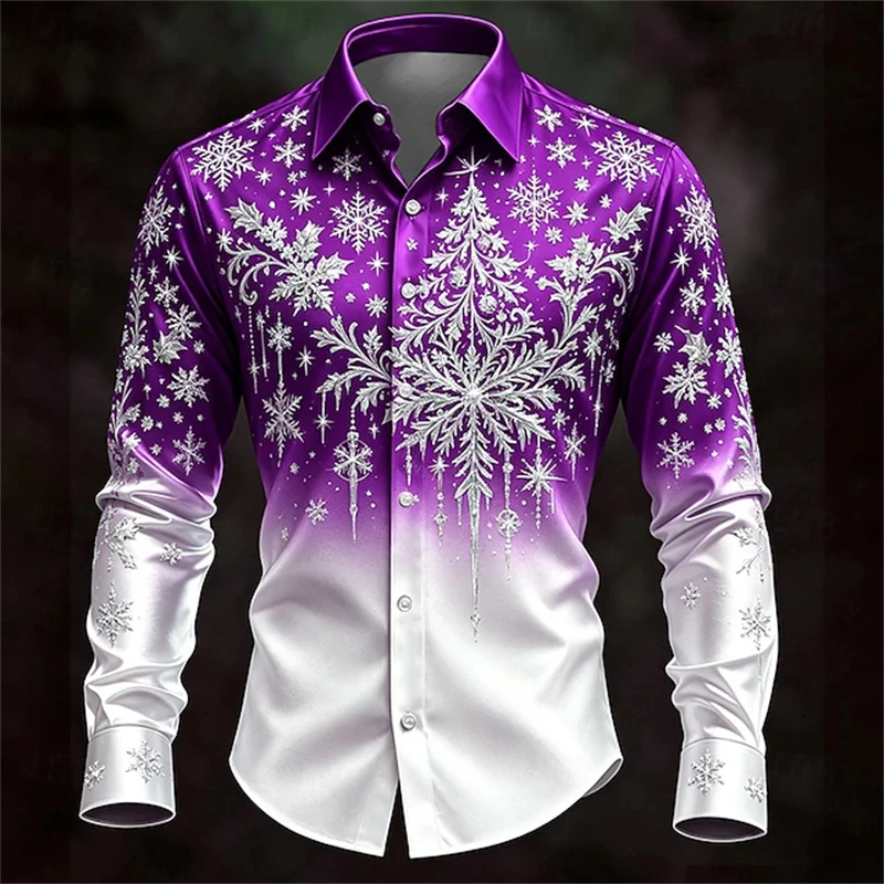Men's Long-Sleeve Shirt New for Christmas 2026 3D Silver Snowflake Gradient Print with Collar Trendy Style Holiday Party Attire