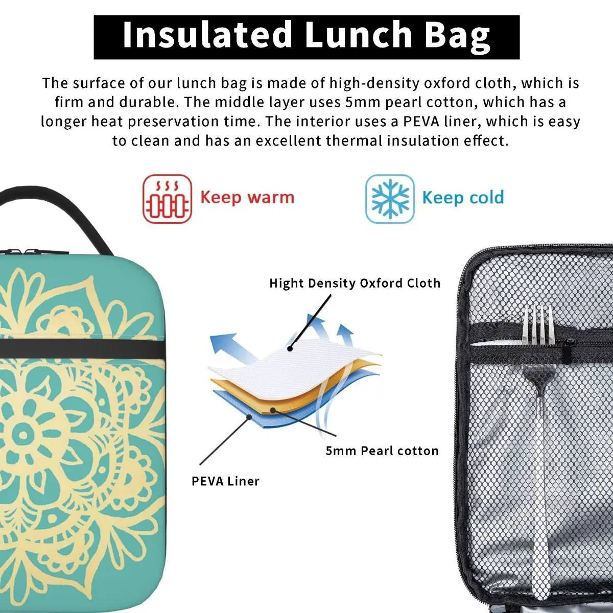 Green Bohemian Mandala Insulated Lunch Bag for Women Children Leakproof Food Boxes Thermal Lunch Box Tote