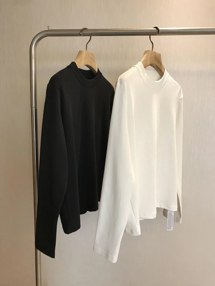 

Минималистичная и минималистичная однотонная хлопковая футболка с круглым вырезом и швом сзади для женщин с длинными рукавами