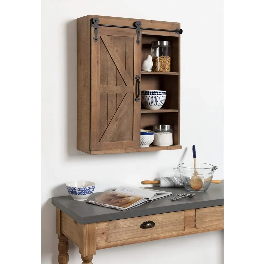 Kate and Laurel Cates Wood Wall Storage Cabinet with Sliding Barn Door, Farmhouse-Style Wall Cabinet, Ideal for Use