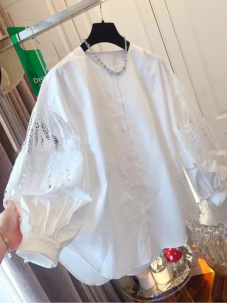 

Matakawa Embroidered Blouses Hollow Out Lantern Sleeve Spring Autumn Solid Women Shirts Vintage Fashion Elegant Blusas Mujer