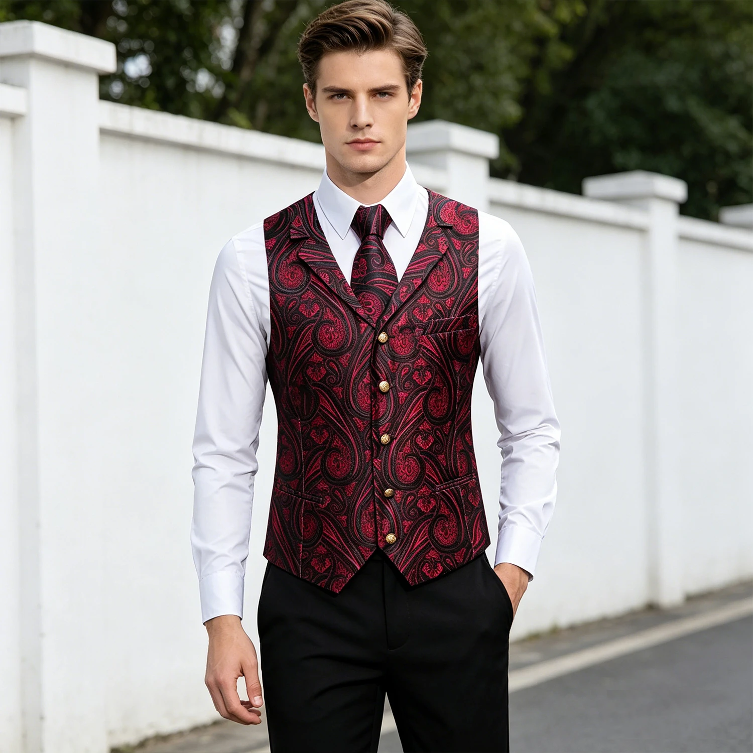

Men Paisley Notched Lapel Vest Matching Set Waistcoat Tie Hanky Cufflinks Formal Wedding Party Gentleman Suit Accessories Kit