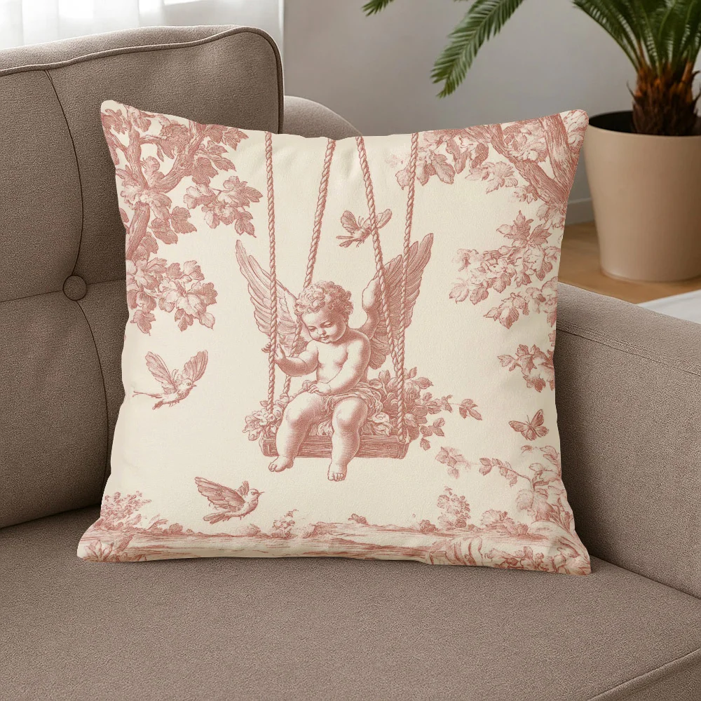 1pc Vintage Cherub Swing Toile De Jouy Throw Pillow Cover Romantic Rustic Home Decor