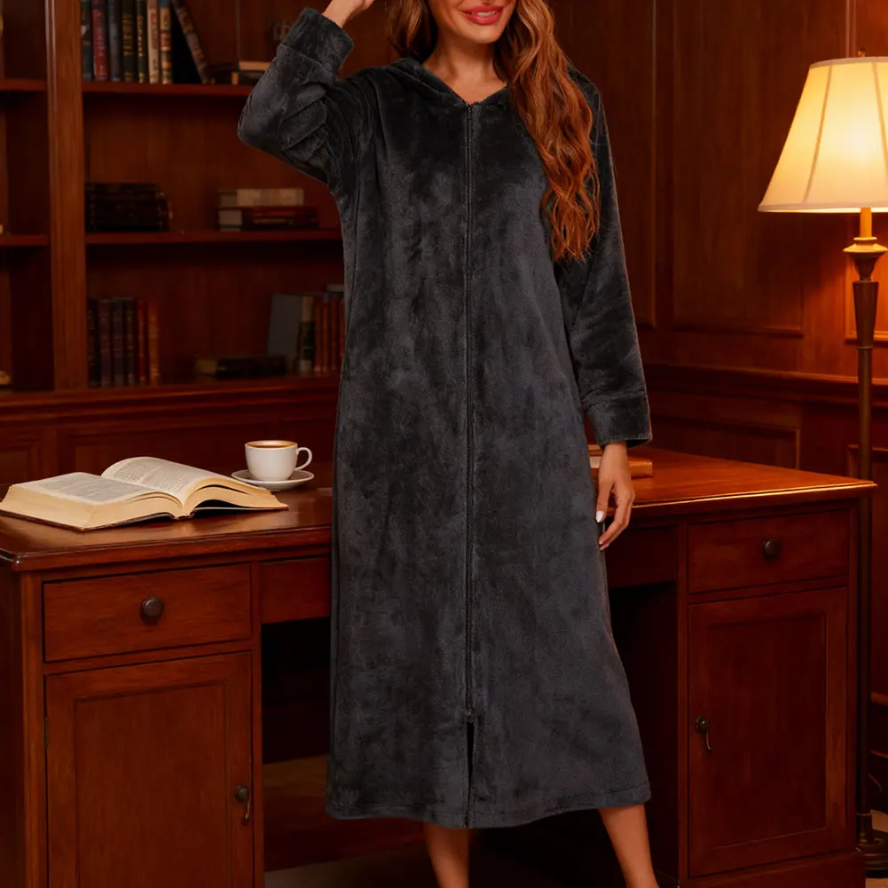 Women's Flannel Long Sleeved Zipper Pajamas Solid Color Cozy Soft Plush Long Bathrobe Homewear For Chilly Night Sleepwear