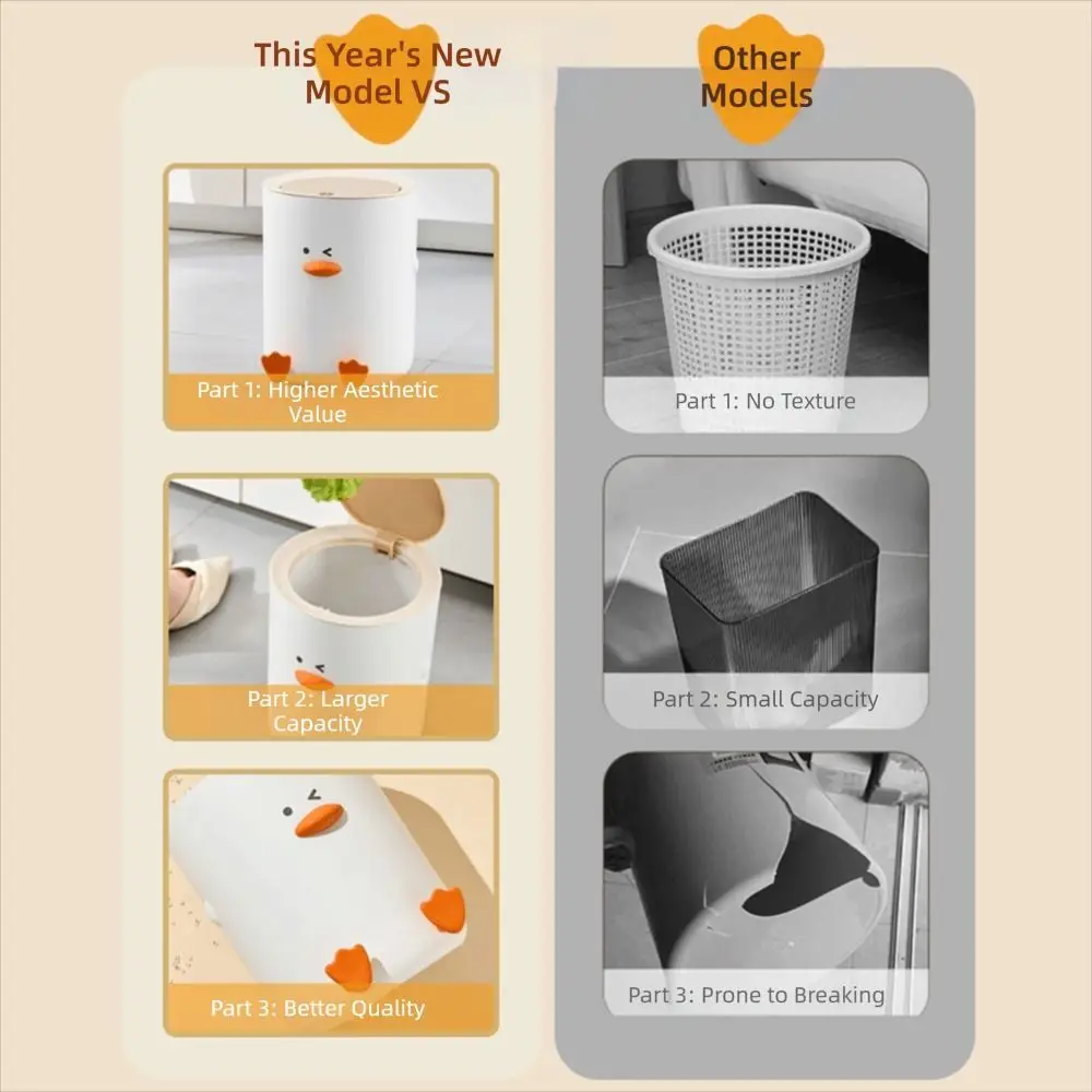 

Modern Style Cartoon Duck Press Trash Can Funny Design with Lid Waste Bin White Plastic Wastebasket Office