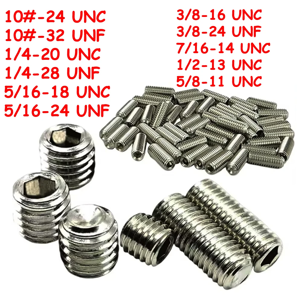Yiqianyuan 10# 1/4'' 5/16'' 3/8'' to 5/8'' UNC UNF DIN916 SUS304 Stainless Steel Hex Socket Set Screws Cup Point Headless Screws