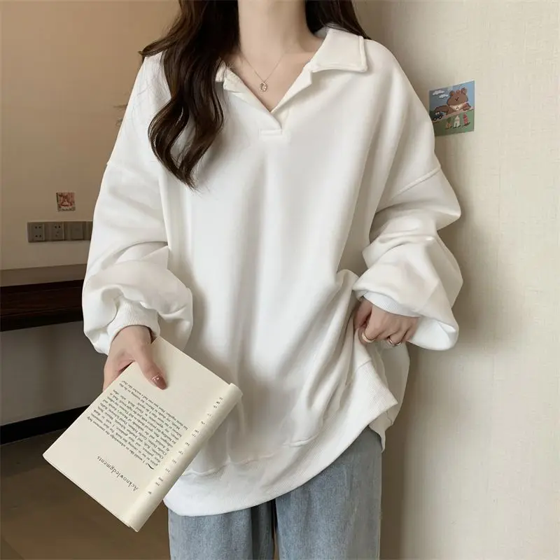 Fashion Lapel Solid Color All-match Sweatshirts Female Clothing 2024 Autumn Winter New Oversized Korean Tops Casual Sweatshirts