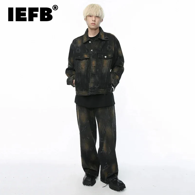 

IEFB Niche Style Men's Denim Sets Worn-out Turn-down Collar Long Sleeve Jackets Washing Straight Leg Zipper Male Jeans 9C6551