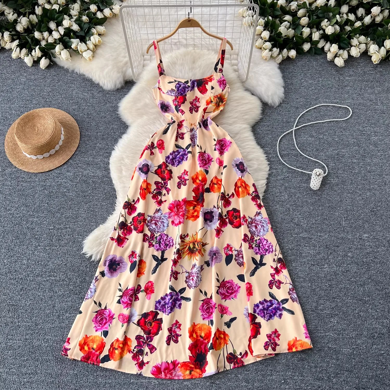 

Floral Printed Elegant Women Dress Strapped Sleeveless Slash Neck Dresses Bodycon Summer Holiday Runway Design Clothing Lady