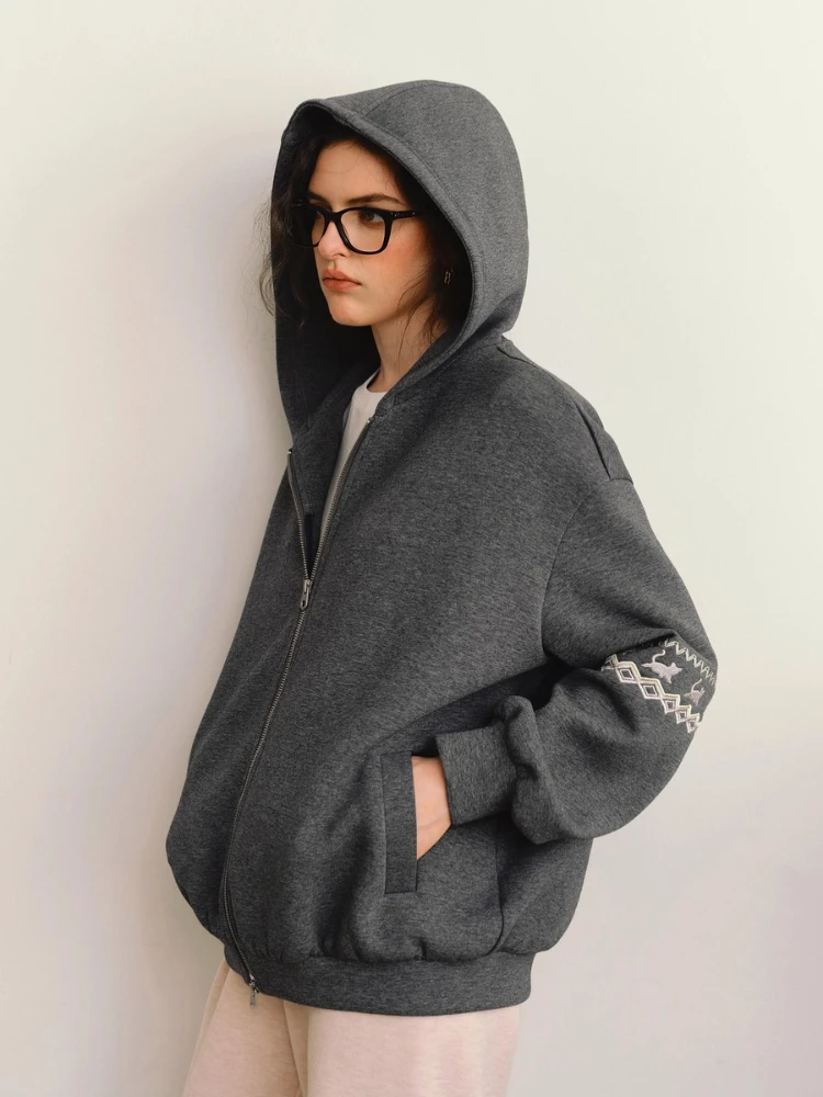 OLrain Lazy Casual Fair Isle Grey Hoodies Women  2025 Autumn New Loose Soft Streetwear Y2K Chic Zip Up Coat O57QW001165