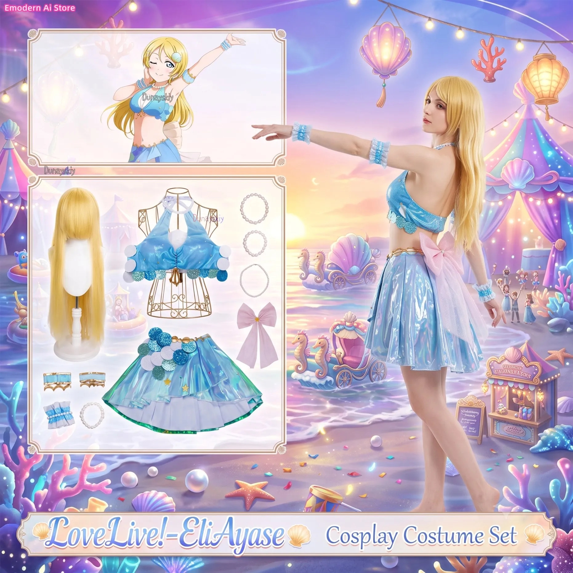 EliAyase Cosplay Anime Game LoveLive! Mermaid Y2K Blue Dress Sweet Lolita Party Carnival Idol Stage Performance Outfit Fashion