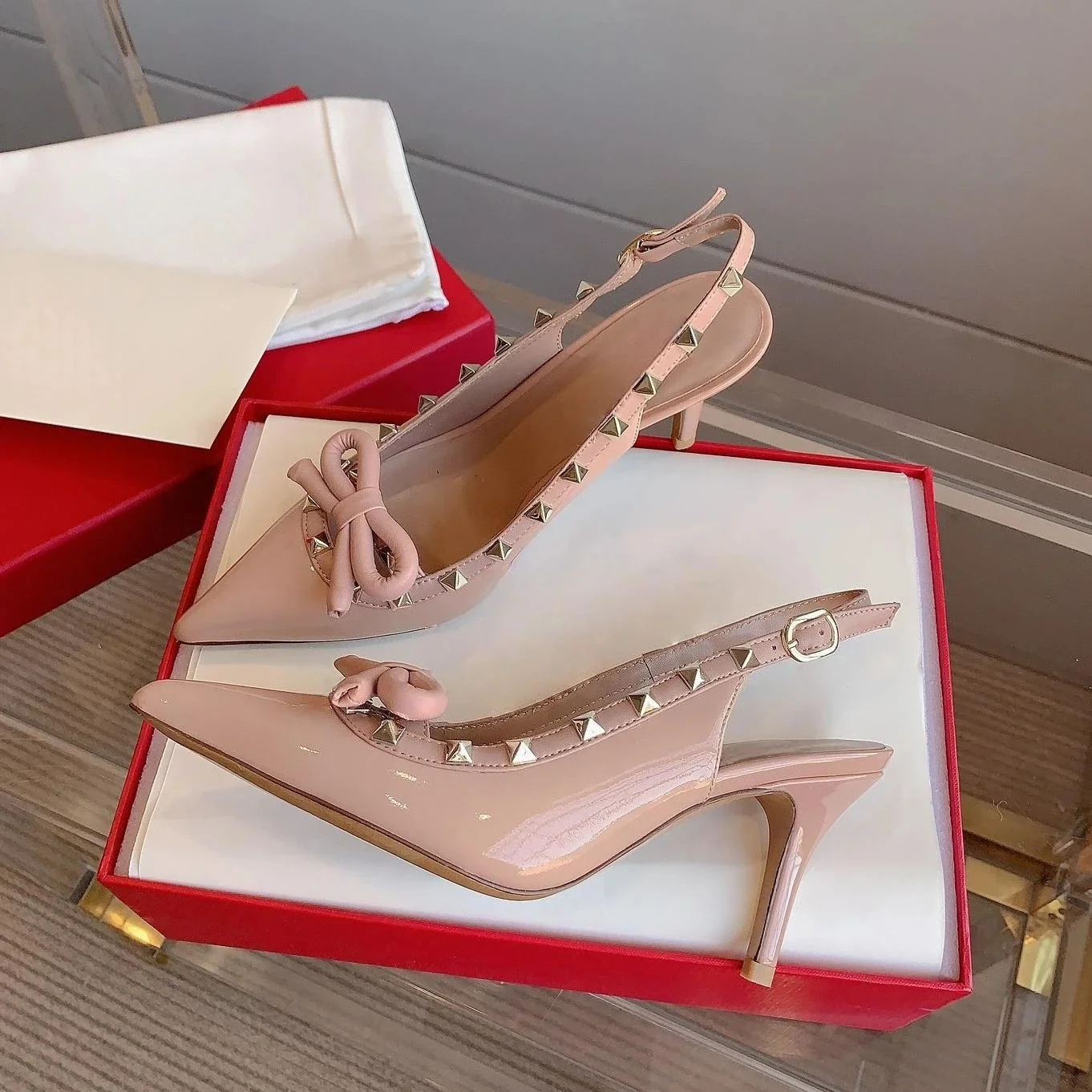 JP GPBD Newest Summer Genuine Leather Pointed-Toe High Heel Slingback Woman Sandals Rivet Decora Stiletto Ladies Pumps