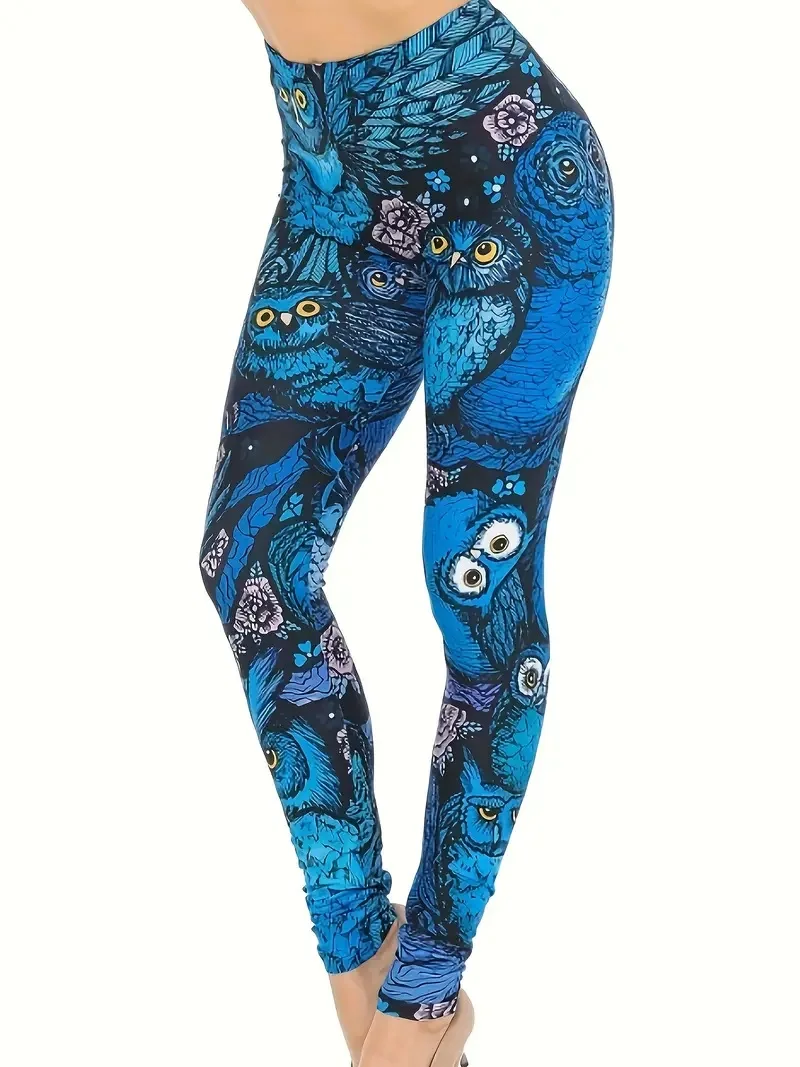 Owl print slim-fit elastic waist basic casual female leggings wear every day