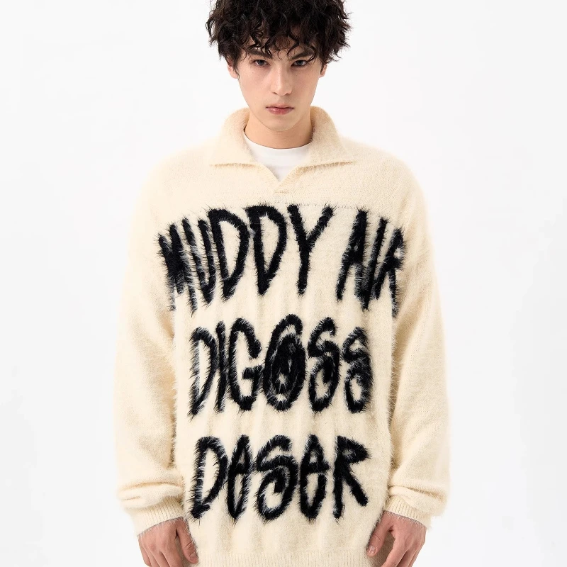 Hip Hop Printed Mens Sweater Japanese Street Letter Color Blocking Loose Male Knitted Tops Casual Unisex Pullover Multicolor