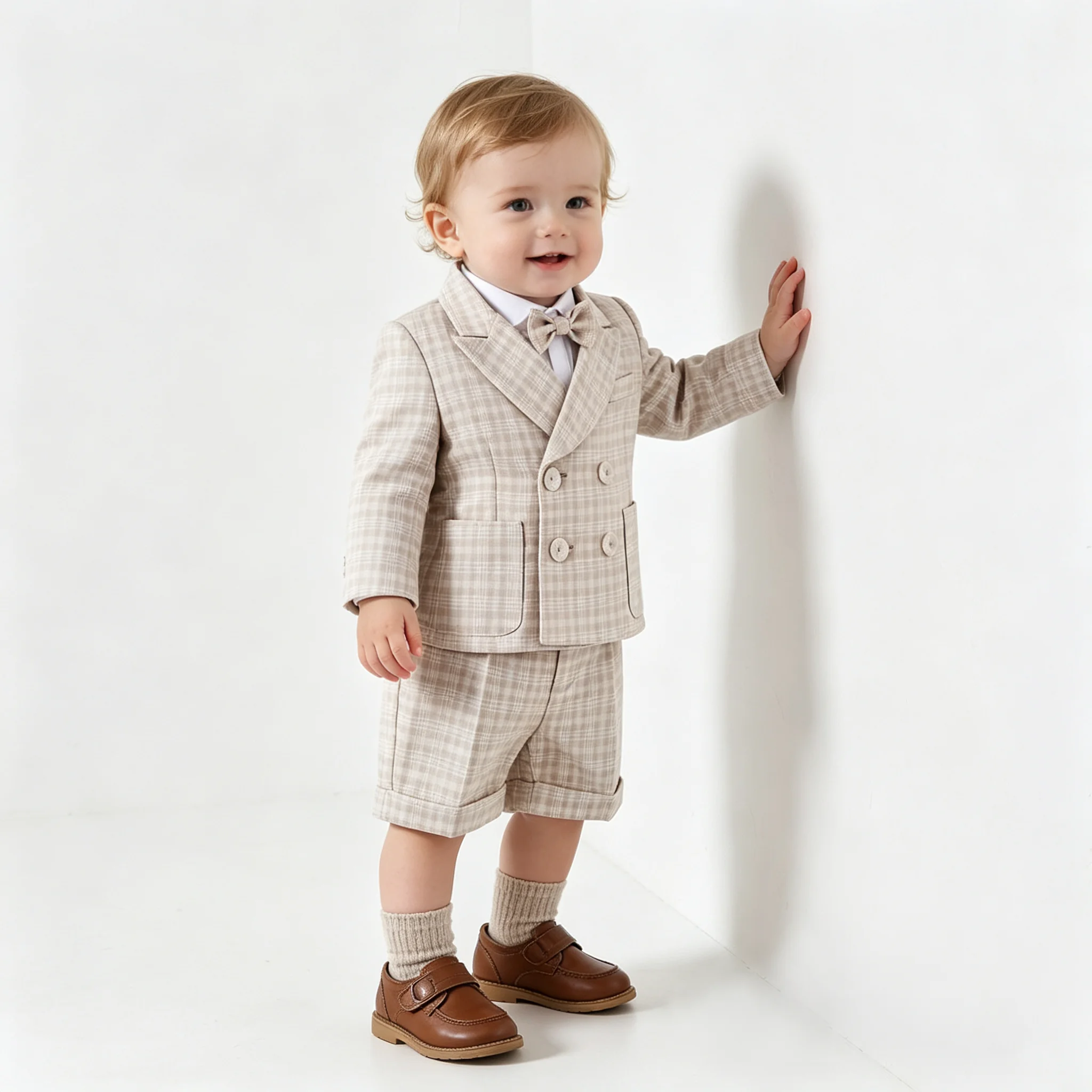 Toddler Gentleman Plaid Suit Set Boys Formal Blazer Waistcoat Suspender Shorts BowTie Wedding Birthday Baptism Party Dress Outft