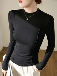 Elastic Cotton Three-dimensional Silk Long Sleeved T-shirt for Spring and Autumn New Style Stand Up Collar Basic Top