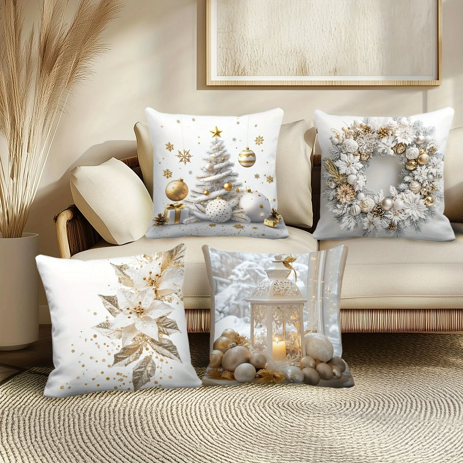 4pcs Holiday Christmas Pillow Covers – Featuring Christmas Elements Design for Sofa, Living Room & Bedroom Decor