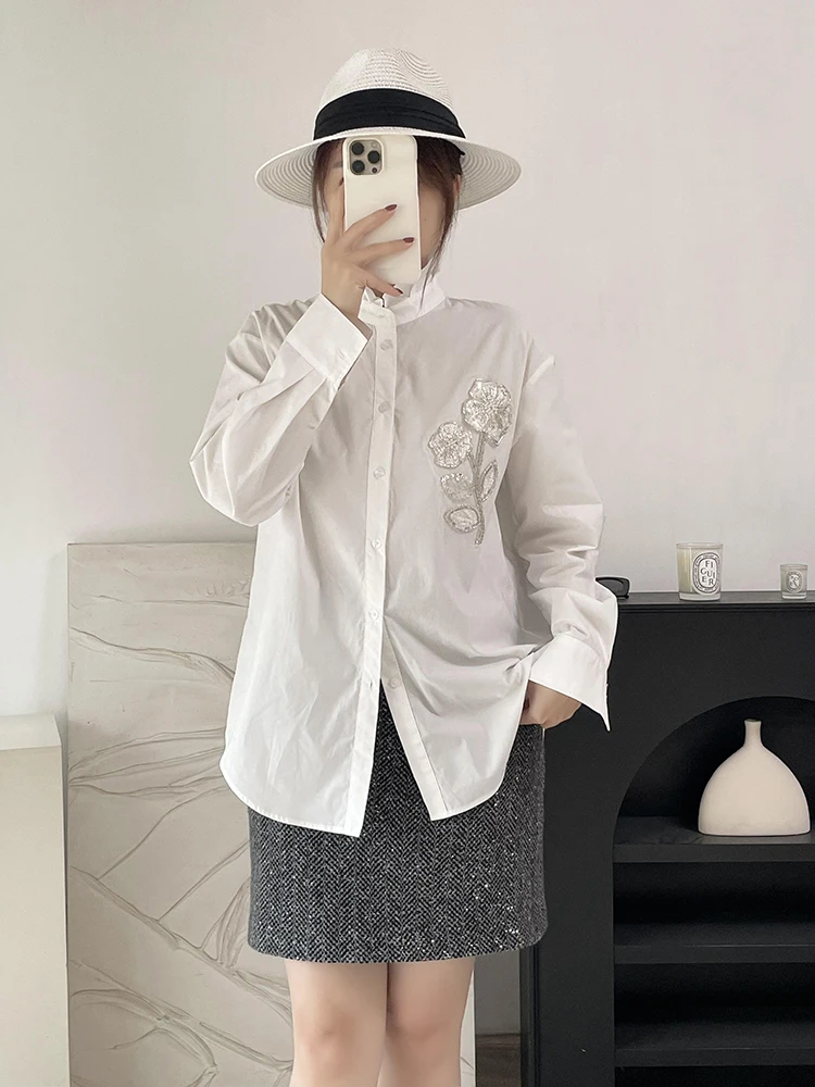 

Женская хлопковая блузка Ele Cotton с вышивкой, воротником-цветком и тяжелой бисерной отделкой, прямого кроя, с длинными рукавами, коллекция Весна 2026