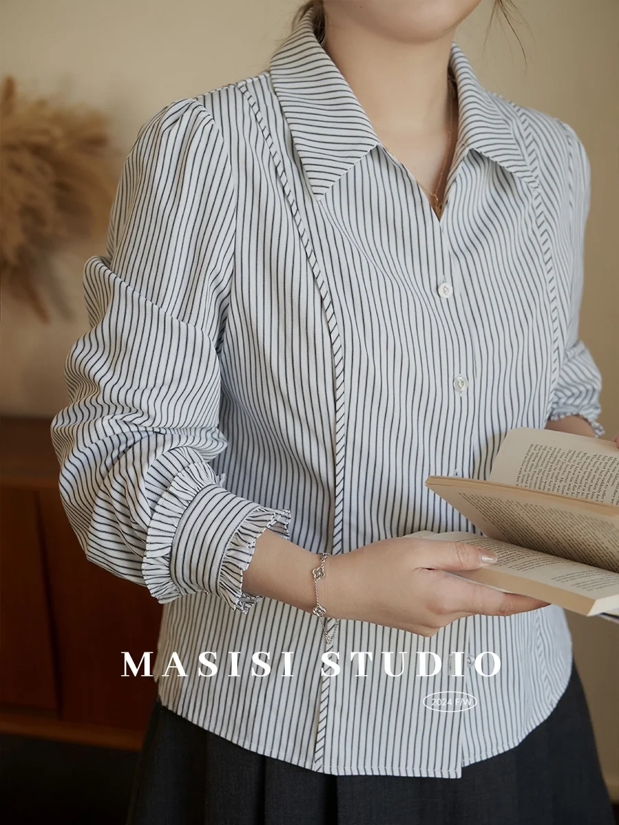 

Женская рубашка Maxisi больших размеров с завышенной талией, в полоску, на пуговицах, с длинным рукавом, повседневная, модная, для офиса, из смесового полиэстера и хлопка