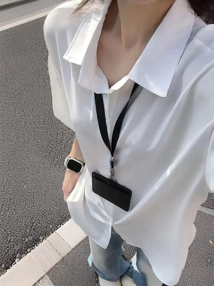 White Ice Silk Short Sleeve Shirt Unisex Summer Cleanfit Couple Half Sleeve Korean Style High End Flip Collar T Shirt