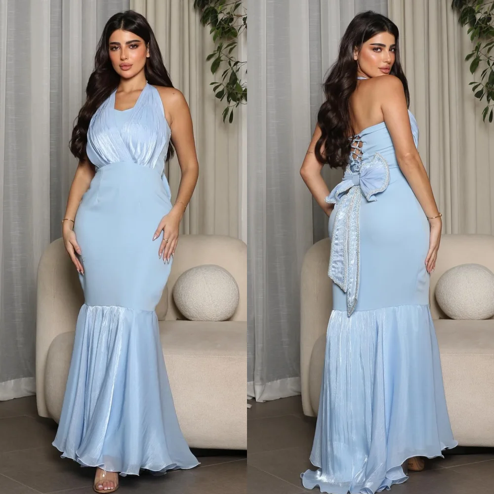 Customized Modern Style Sexy Jersey Pleat Bow Sequined Draped Mermaid Halter Midi Dresses Bespoke Occasion Dresses Exquisite