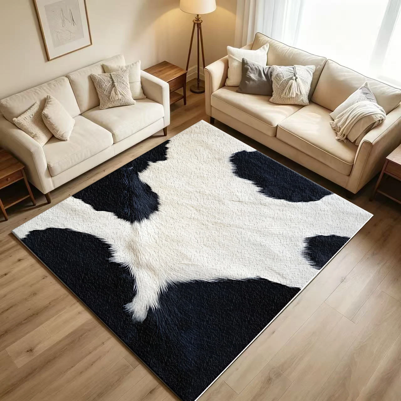 พรมปูพื้นลายหนังวัวสีดำขาว ลาย - Cowhide Rug Faux บทวิจารณ์และราคา