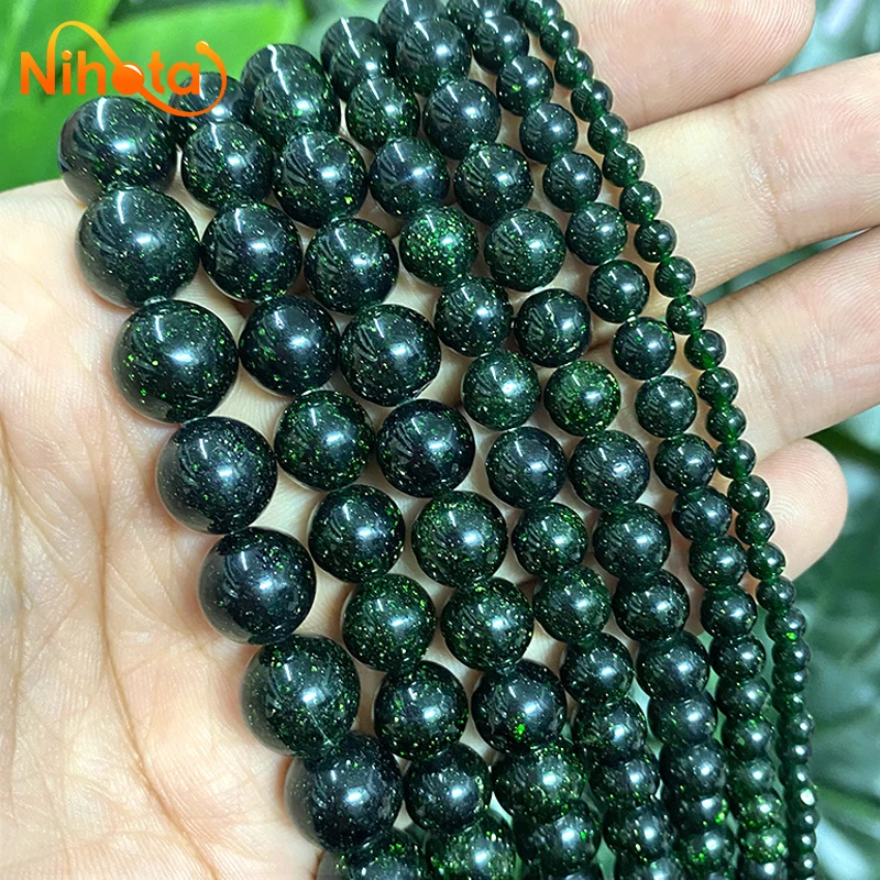 Smooth Dark Green SandStone Round Loose Beads Diy Bracelet Earrings Rings Women's Jewelry Making 15