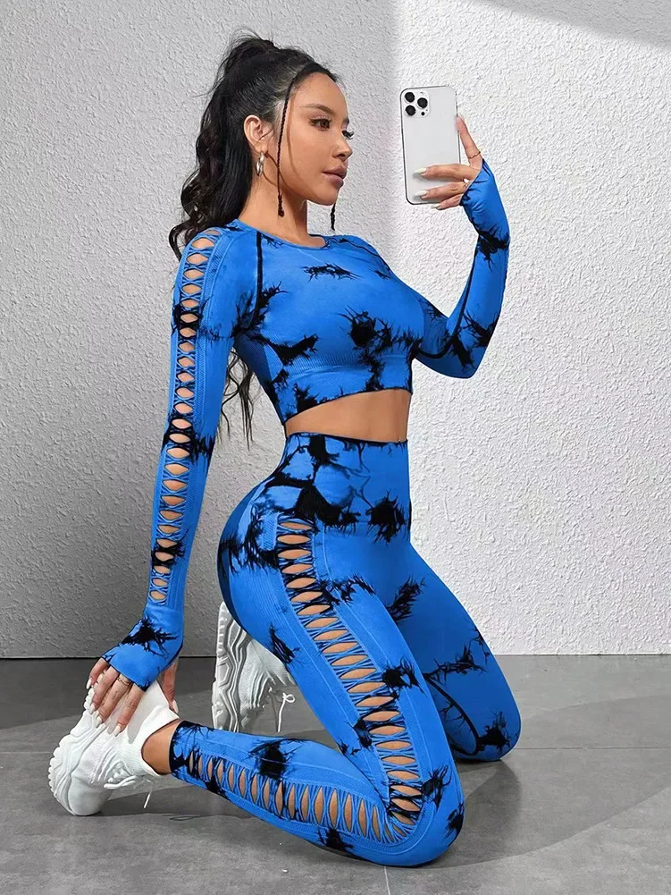Sporty Woman Gym  Push Up Tie Dye Yoga Suits Fitness Clothes Hollow Out Training Tracksuit Sportswear 2 Piece Workout Set Women