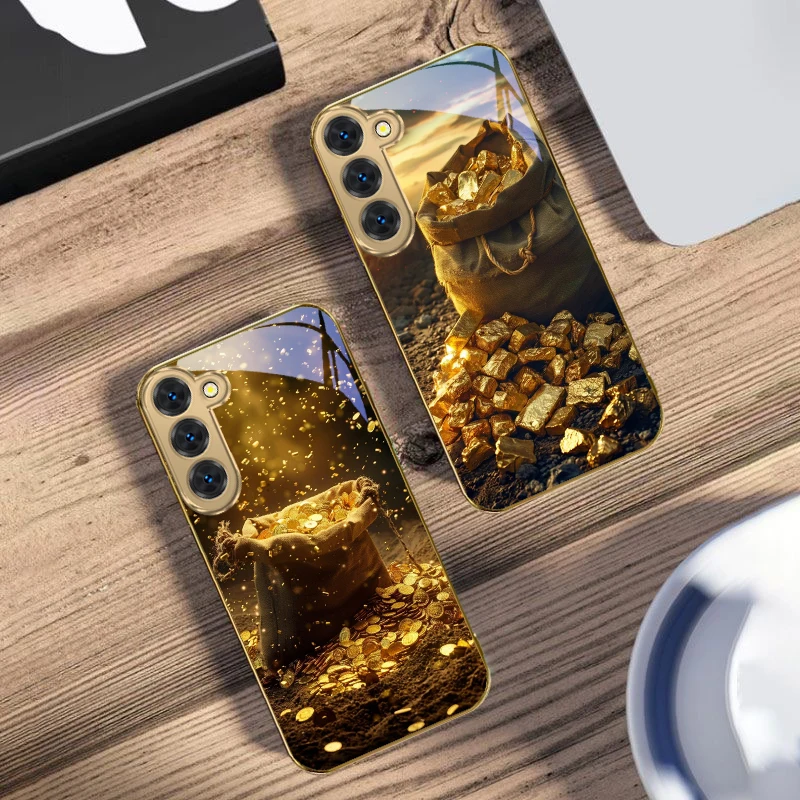 

Dark burlap money bag For Samsung Galaxy S26 S20 FE S21 S22 S23 Plus S24 Ultra 25Ultra S21+ S9 S22 S8 Golden glass phone case