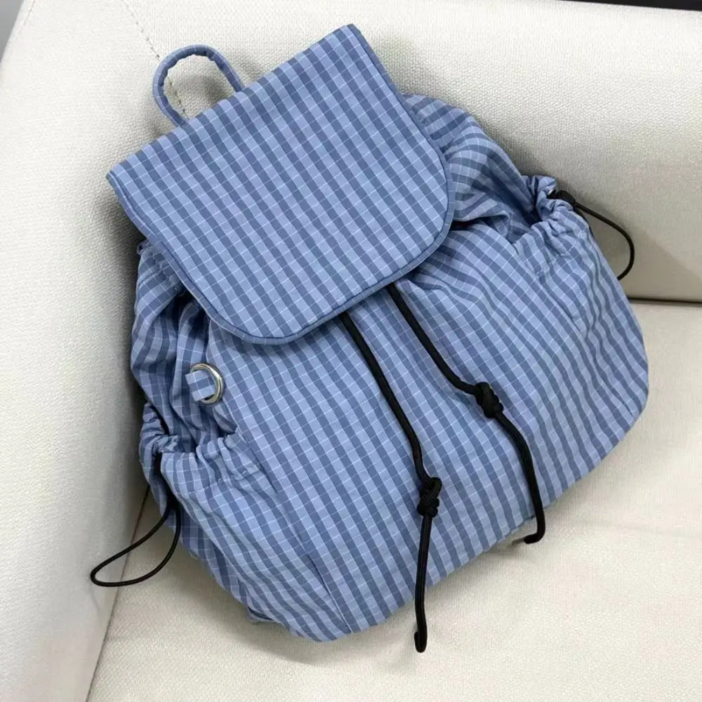 Solid Color Drawstring Backpacks Canvas Light Weight Plaid Nylon Backpacks Large Capacity Korean Ruched Shoulder Bags Outdoor