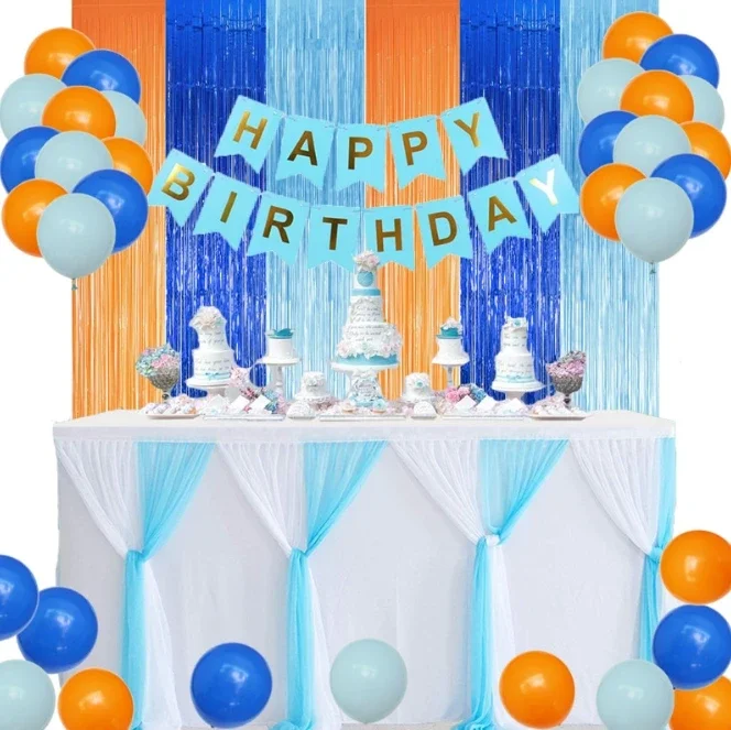 오렌지 블루 도그 호일 프린지 커튼, 생일 파티 용품, 바다 밑 인어 테마, 성별 공개 파티 장식 배경