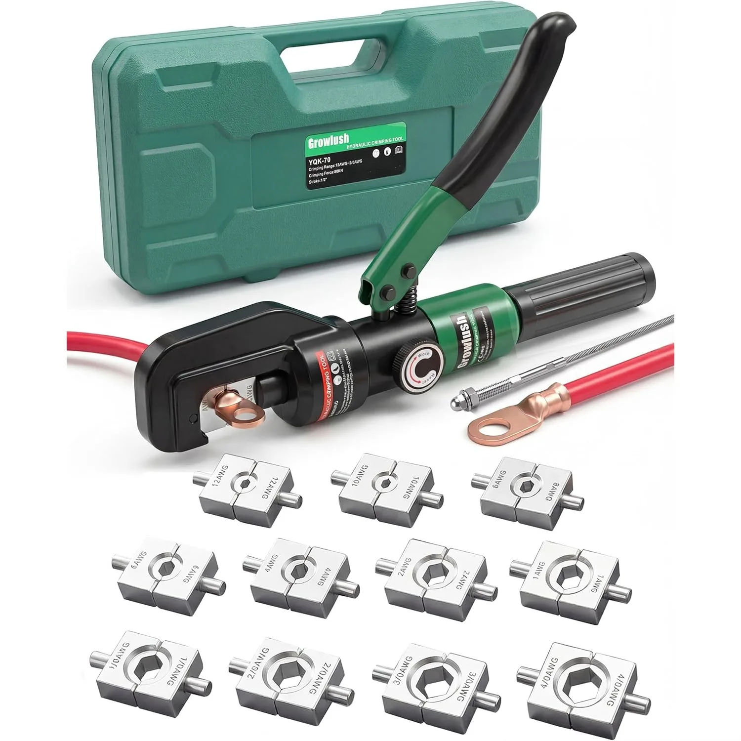 

Hydraulic Cable Crimping Tool, 10-Ton Battery Terminal Crimper 12 AWG–4/0 AWG, US Standard Dies for Heavy-Duty Electrical