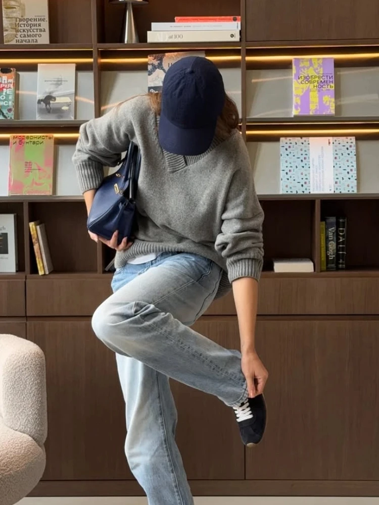 女性のカジュアルグレーニットプルオーバールーズスクエアネックフルスリーブソリッドカラーセーター女性ファッション通勤秋ストリートウェア