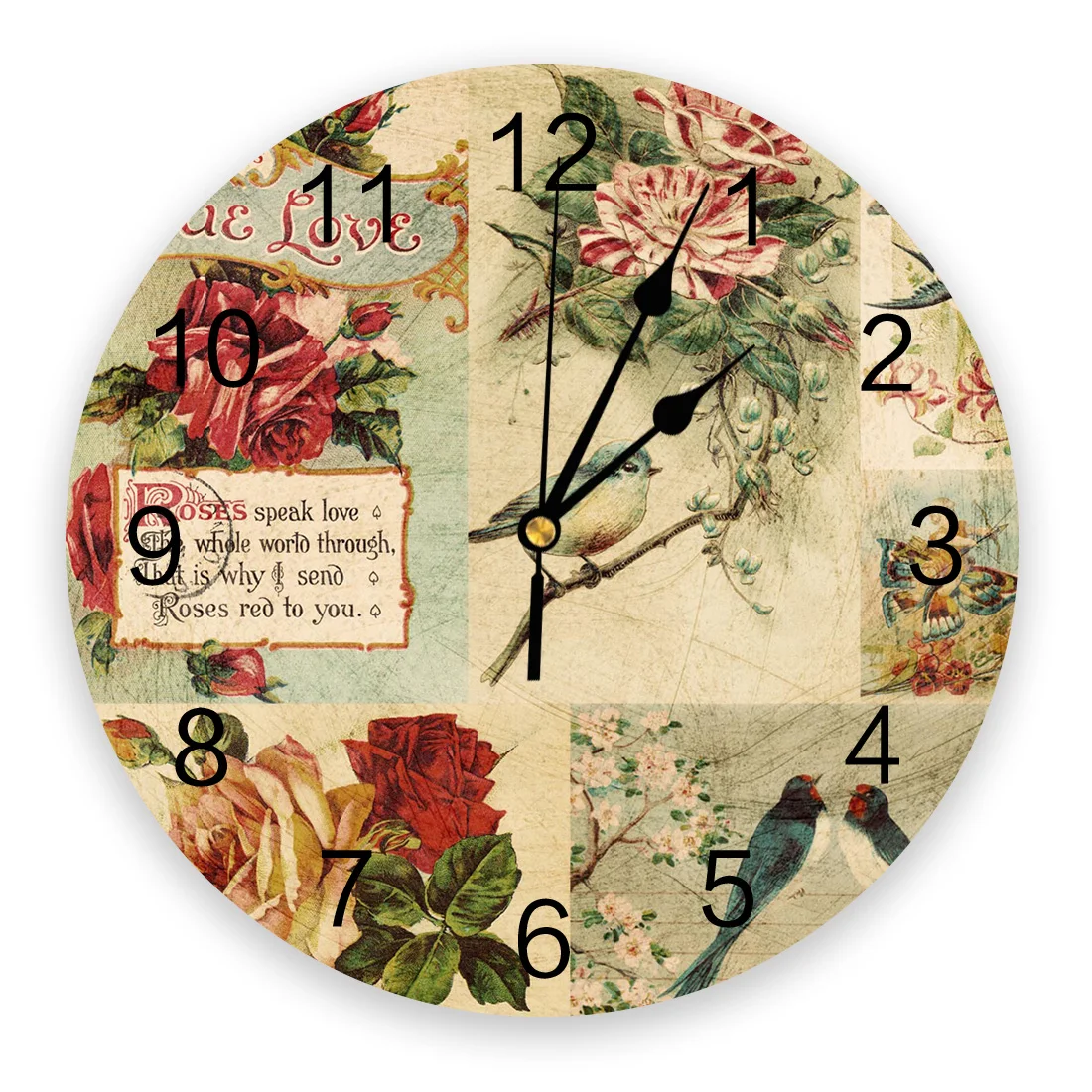 

Настенные часы в стиле ретро, декоративные тихие часы с коричневыми птицами, красными розами, для гостиной, кухни, спальни, дома, офиса