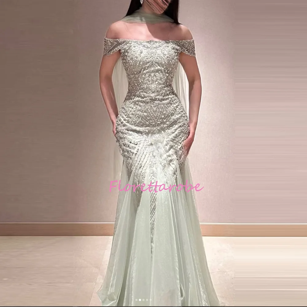 Luxuriöses, salbeigrünes, perlenbesetztes, schulterfreies Meerjungfrauen-Abendkleid, Hochzeitskleid, Ballkleid für Damen, maßgeschneidert
