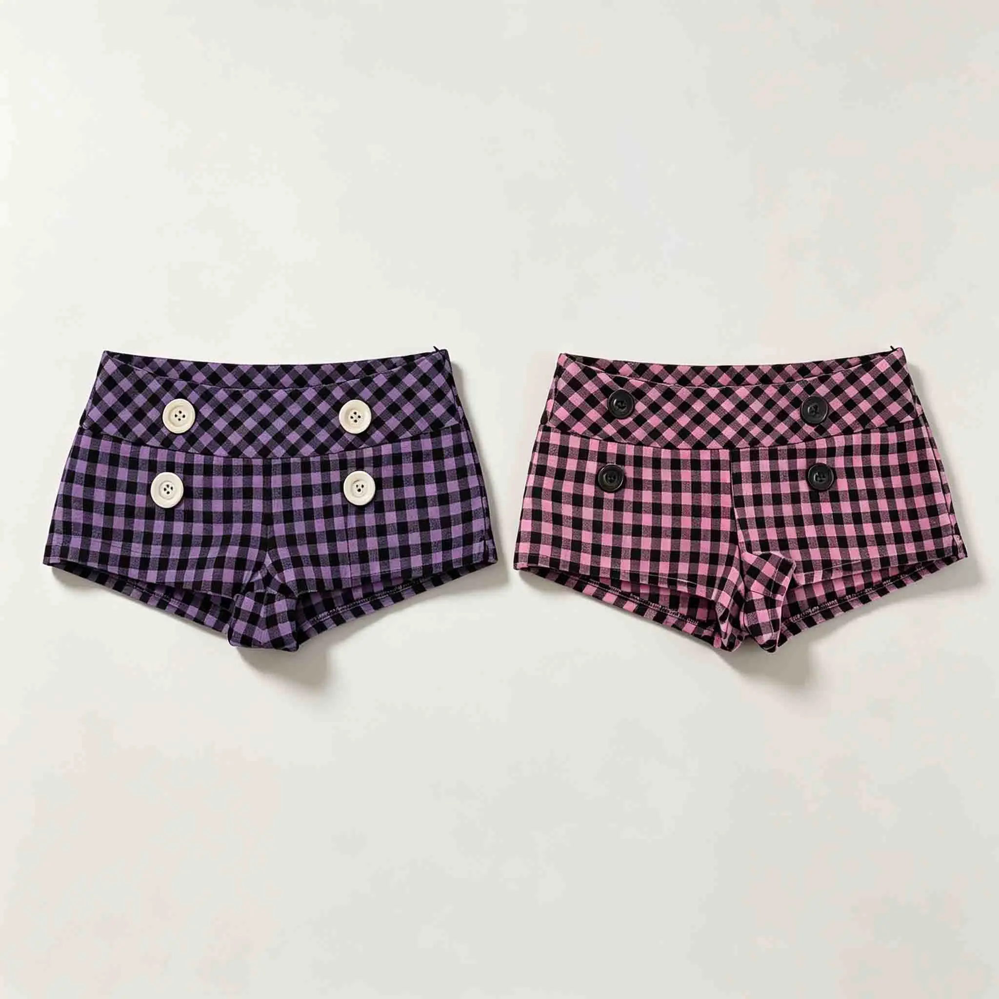 Pink Black Buffalo Plaid Low Rise Sleep Shorts, Fold Over Waist Decor Button Lounge Boy Shorts