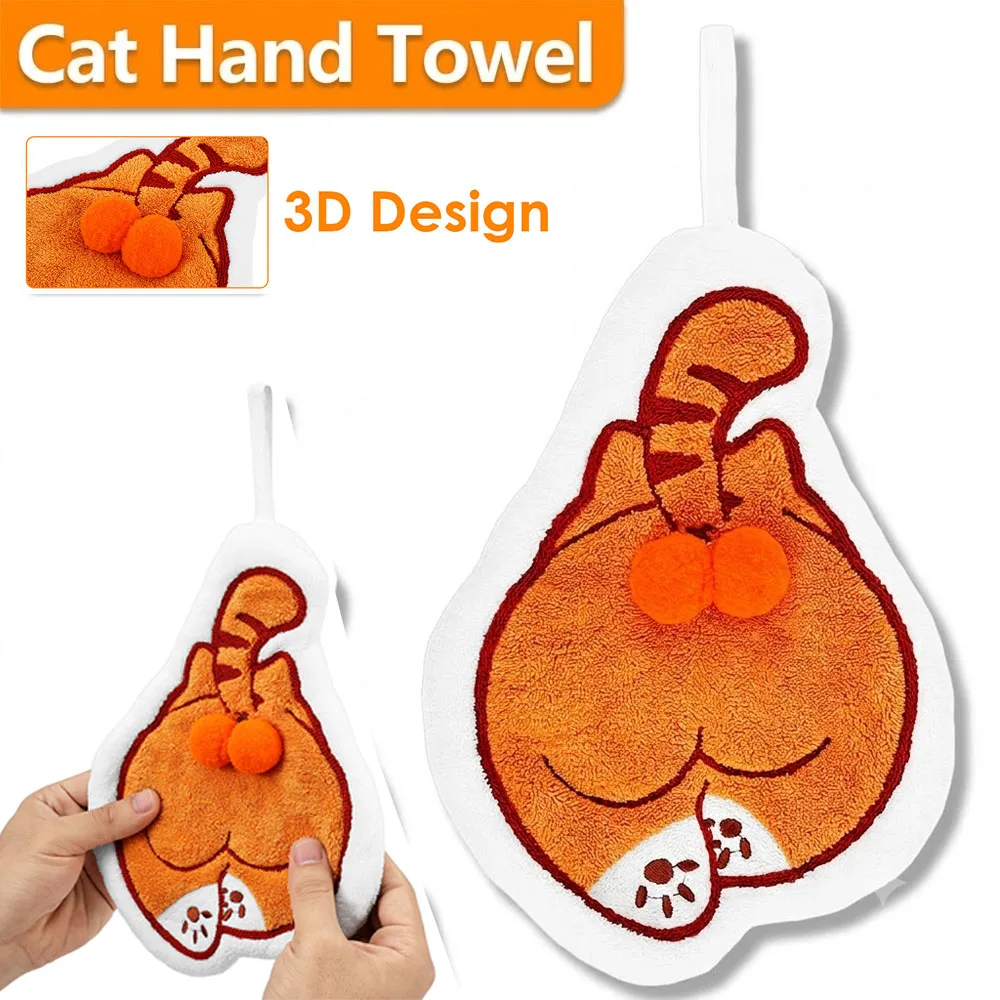 Cat Hand Towel Cute Animal Shape Absorbent Hand Cloth with Hanging Loop Quick Dry Coral Fleece Kitchen Bathroom Hanging Towel