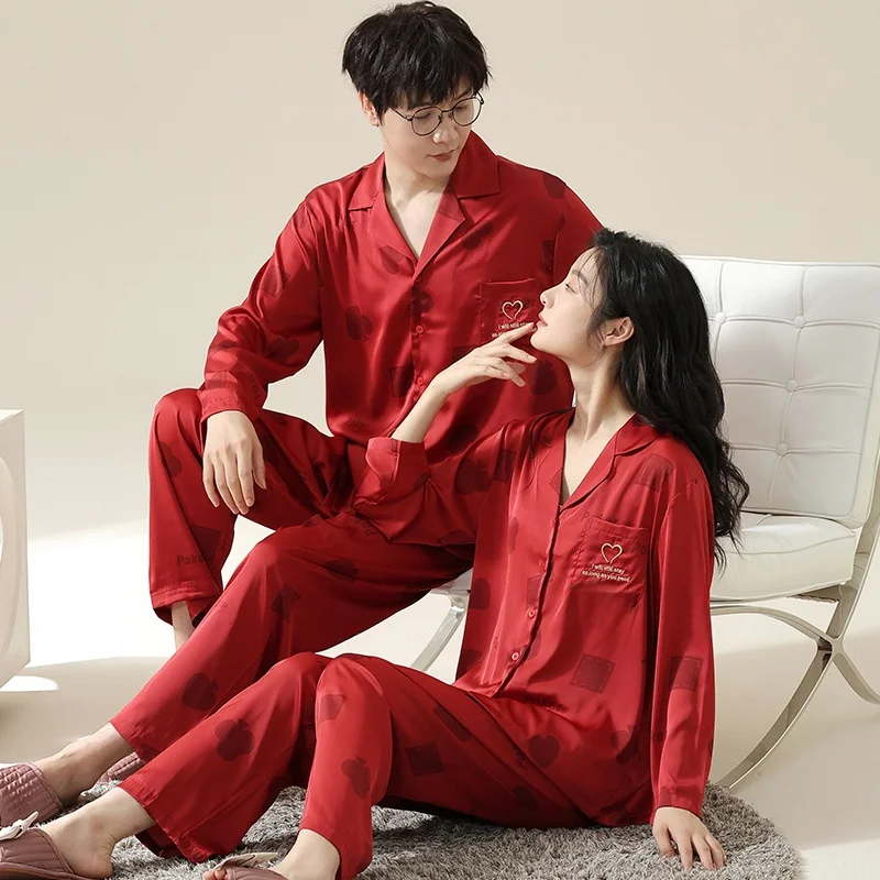 

2025 New Spring Autumn Ice Silk Wedding Couple Sleepwear Home Clothes Long Sleeve Men Women Red New Bride Set Polyester Fiber