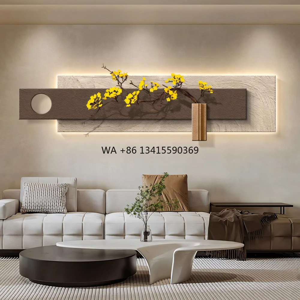 

Customized Wholesale 3D LED Light Wood Panel Carved Wall Art Sandstone Painting Living Room Background Wall Hanging Painting