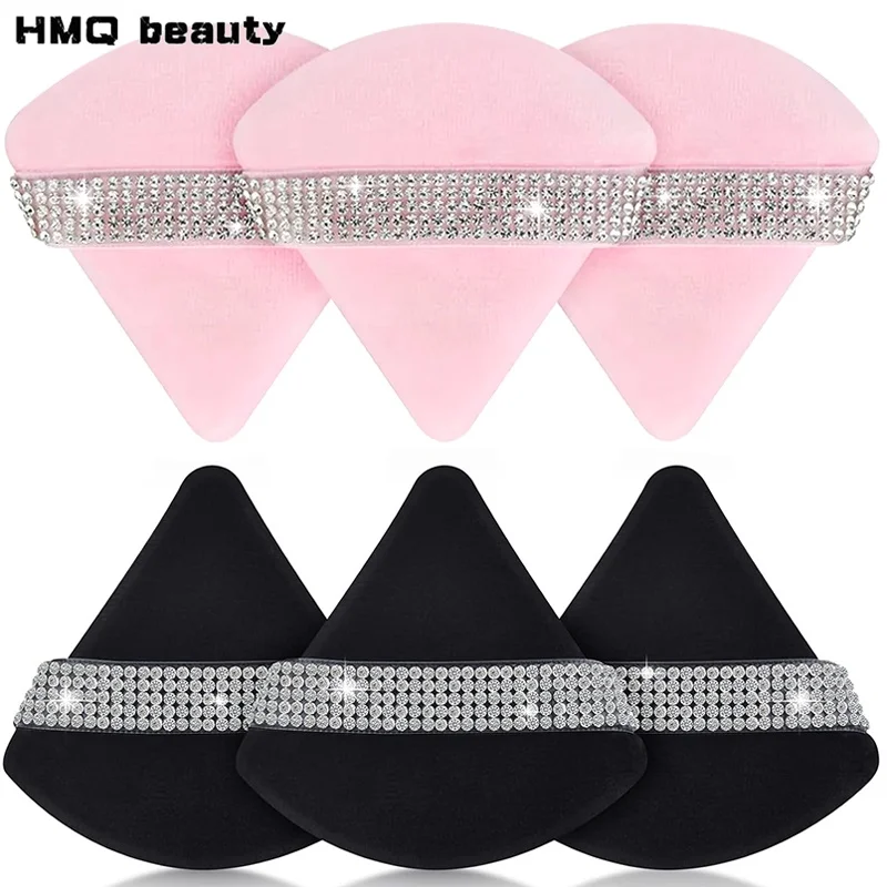 3 pçs diamante triângulo pó puff rosto macio ferramenta de maquiagem strass macio esponja de veludo maquiagem esponja cosméticos acessórios