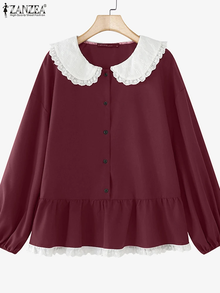 

ZANZEA Women Shirt Autumn Sweety Lace Splicing Doll Collar Ruffles Top Loose Casual Lantern Long Sleeve Blouses Blusas Oversized