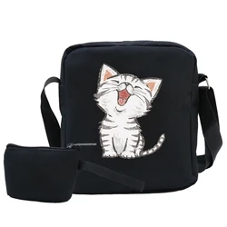 Cute Cat Canvas Small Shoulder Bag Women Travel Crossbody Bag Fashion Student Cartoon Animal Crossbody Bags Men Messenger Bags