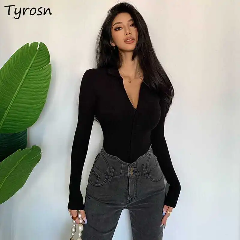 نحيل التلبيب تي شيرت المرأة سستة القمم مثير الساخن الفتيات الأزياء الأوروبية طويلة الأكمام داخل الأساسية لون نقي الشارع الشهير محب